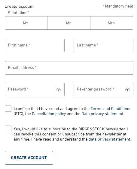 Birkenstock: Create account form with checkboxes for consent to terms and to receive emails