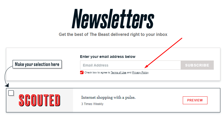 Daily Beast newsletters sign-up page with Privacy Policy link highlighted