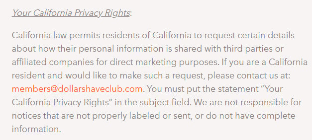 Dollar Shave Club Privacy Policy: Your California Privacy Rights clause