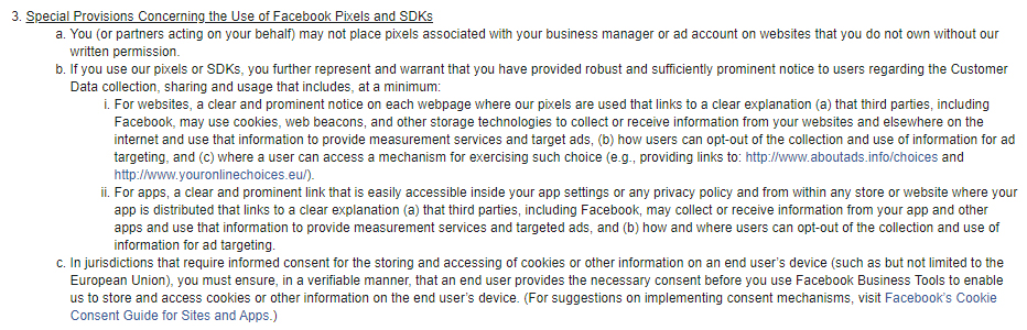 Facebook Business Tools Terms: Special Provisions Concerning the Use of Facebook Pixels and SDKs clause