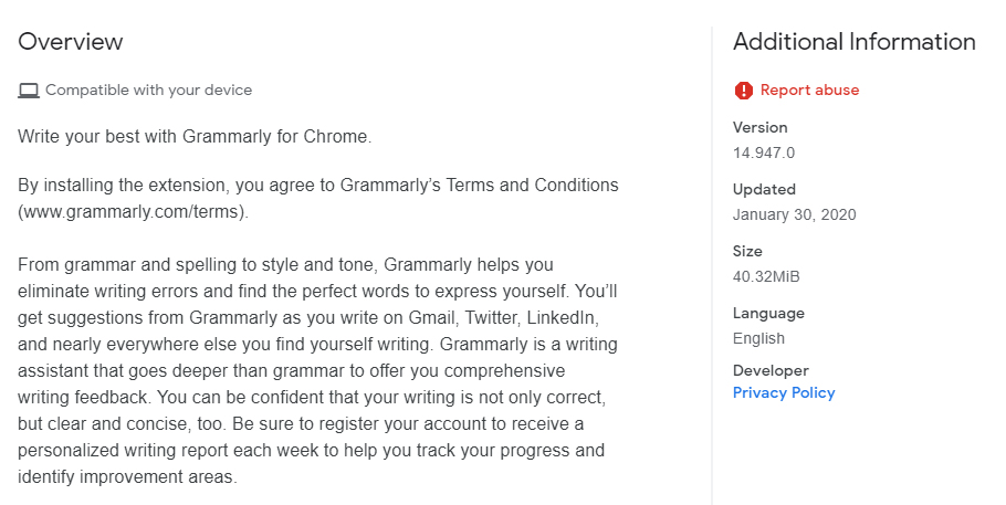 Grammarly Chrome Web Store listing: Overview and Information section