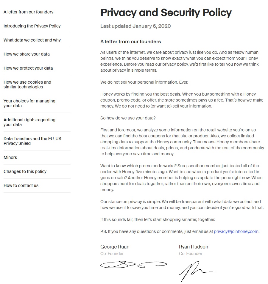 Honey Privacy and Security Policy: Intro letter and menu links