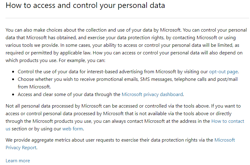 Microsoft Privacy Statement: How to access and control your personal data clause