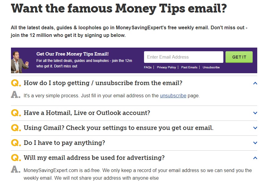 MoneySavingExpert email sign-up and FAQ