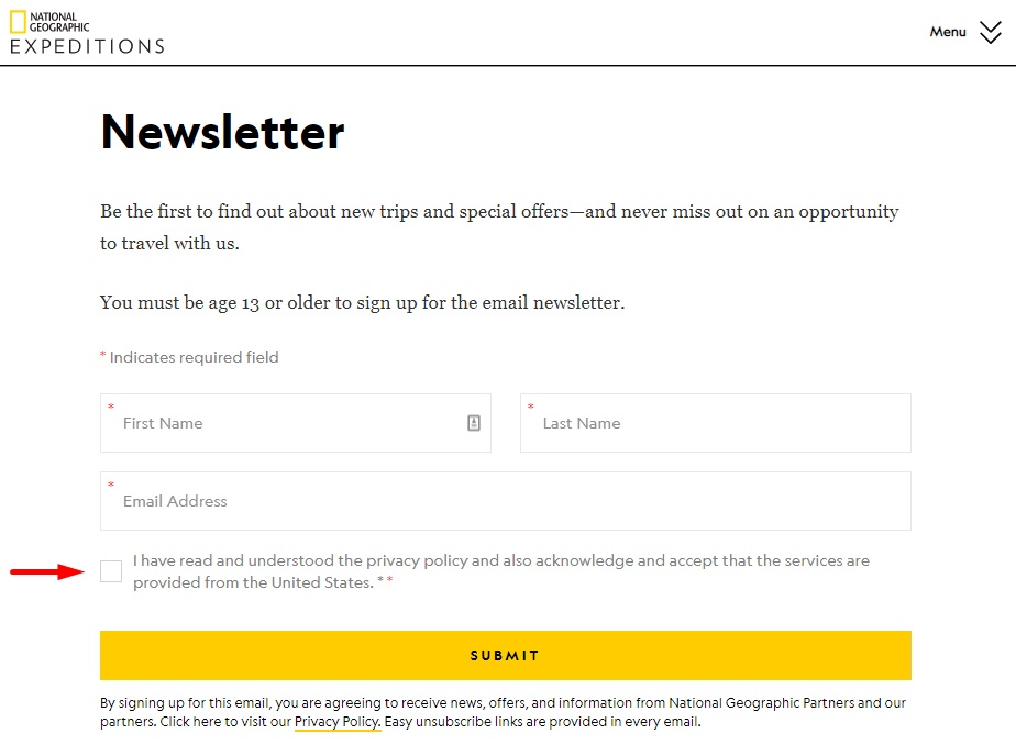 National Geographic Expeditions newsletter sign-up form with a clickwrap consent checkbox