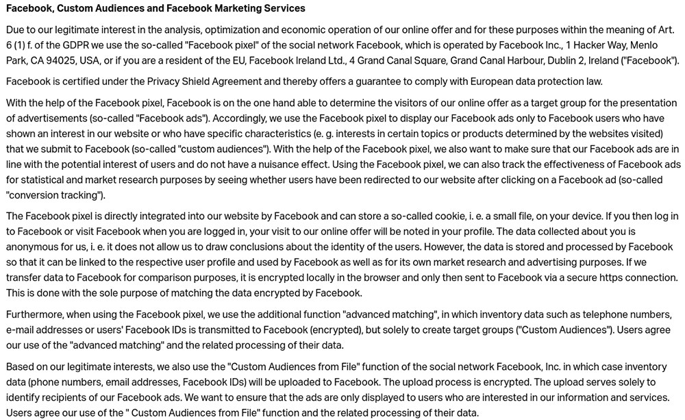 Nice Label Privacy Policy: Facebook, Custom Audiences and Facebook Marketing Services clause excerpt