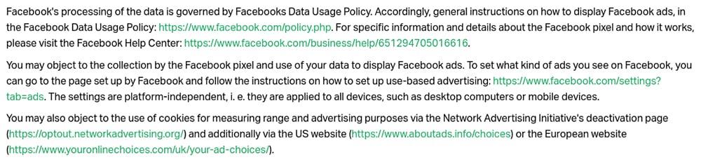 Nice Label Privacy Policy: Facebook, Custom Audiences and Facebook Marketing Services clause - Object to excerpt