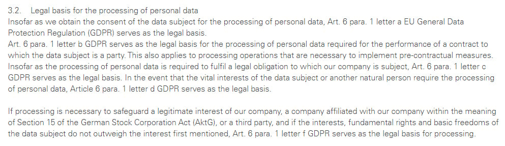 PERI UK Privacy Policy: Legal Basis for the Processing of Personal Data clause