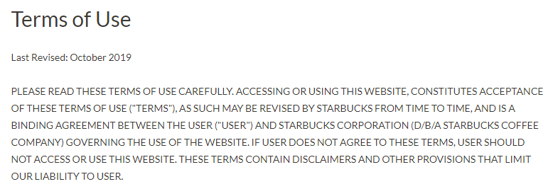 Starbucks Terms of Use: Browsewrap clause