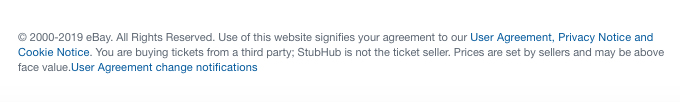 StubHub website footer with browsewrap statement and links